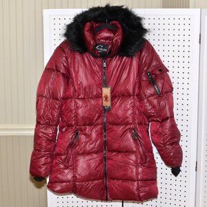 NWT Celsius Women's L Large Burgundy Vegan Fur Hooded Puffer Winter Coat